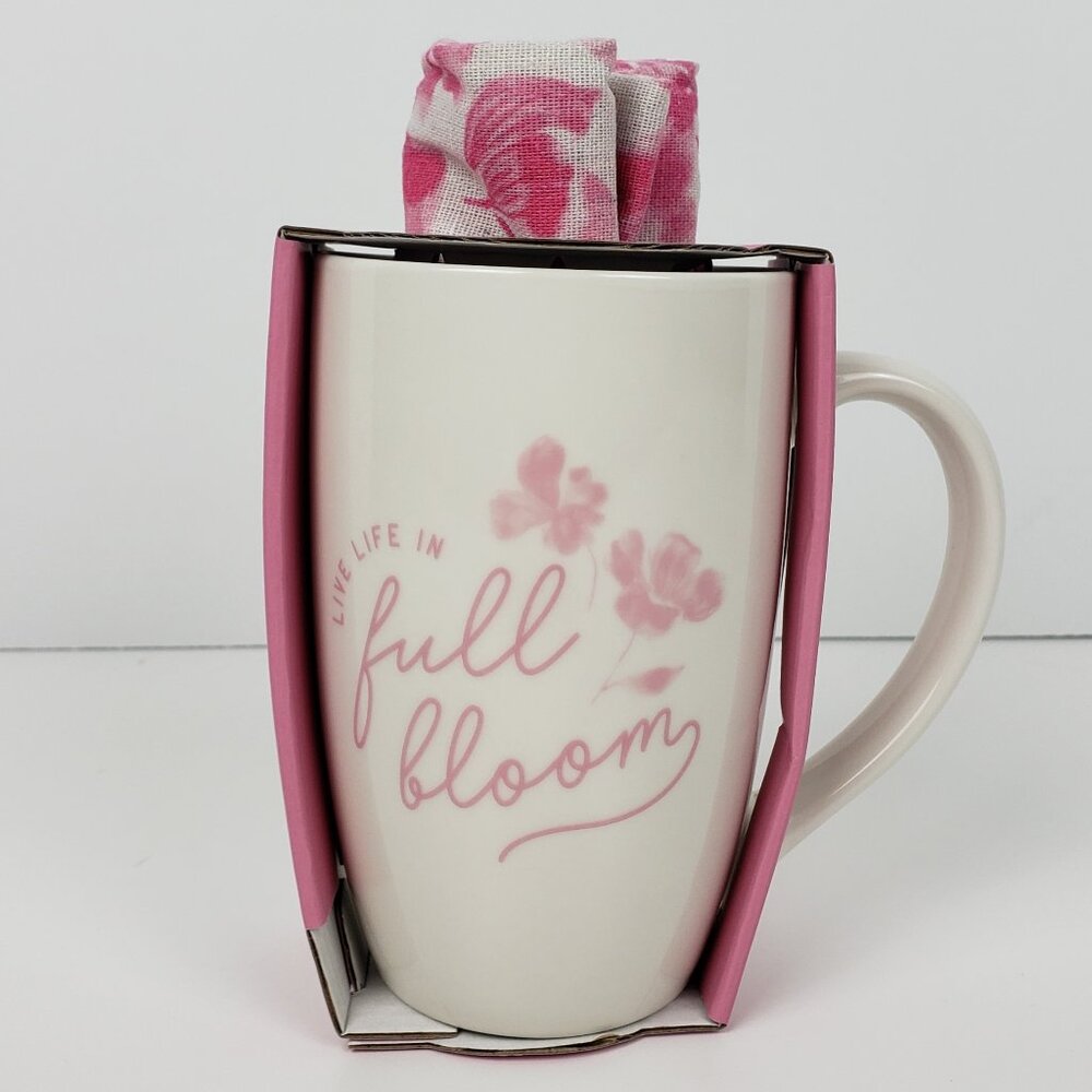 ELUM Pink & White Full Bloom Tea Towel & Mug Set, Spring Hostess Gift Floral NWT